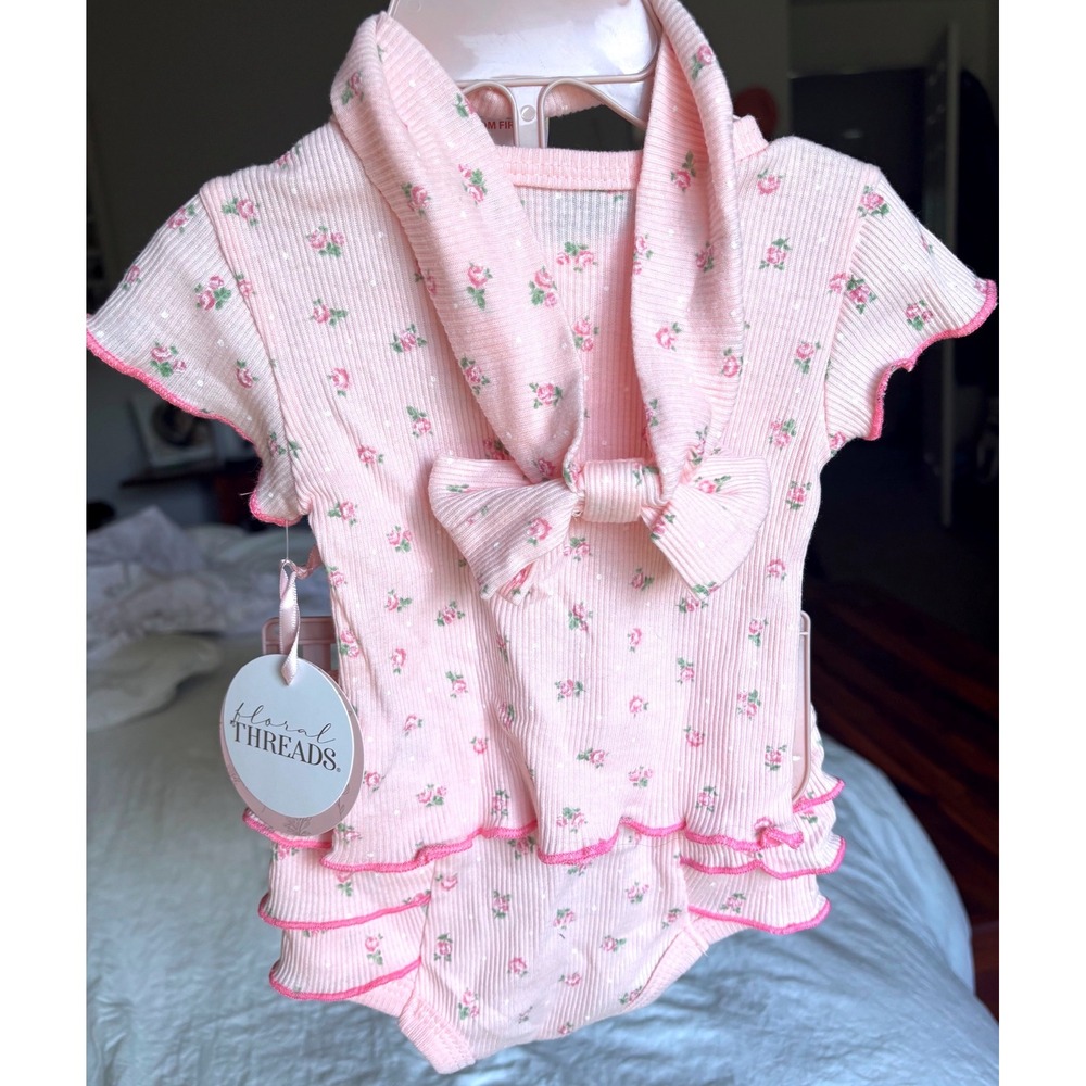 Floral Threads Baby Girls Pink Ribbed Floral Top Bloomers Headband Set 3-6M
